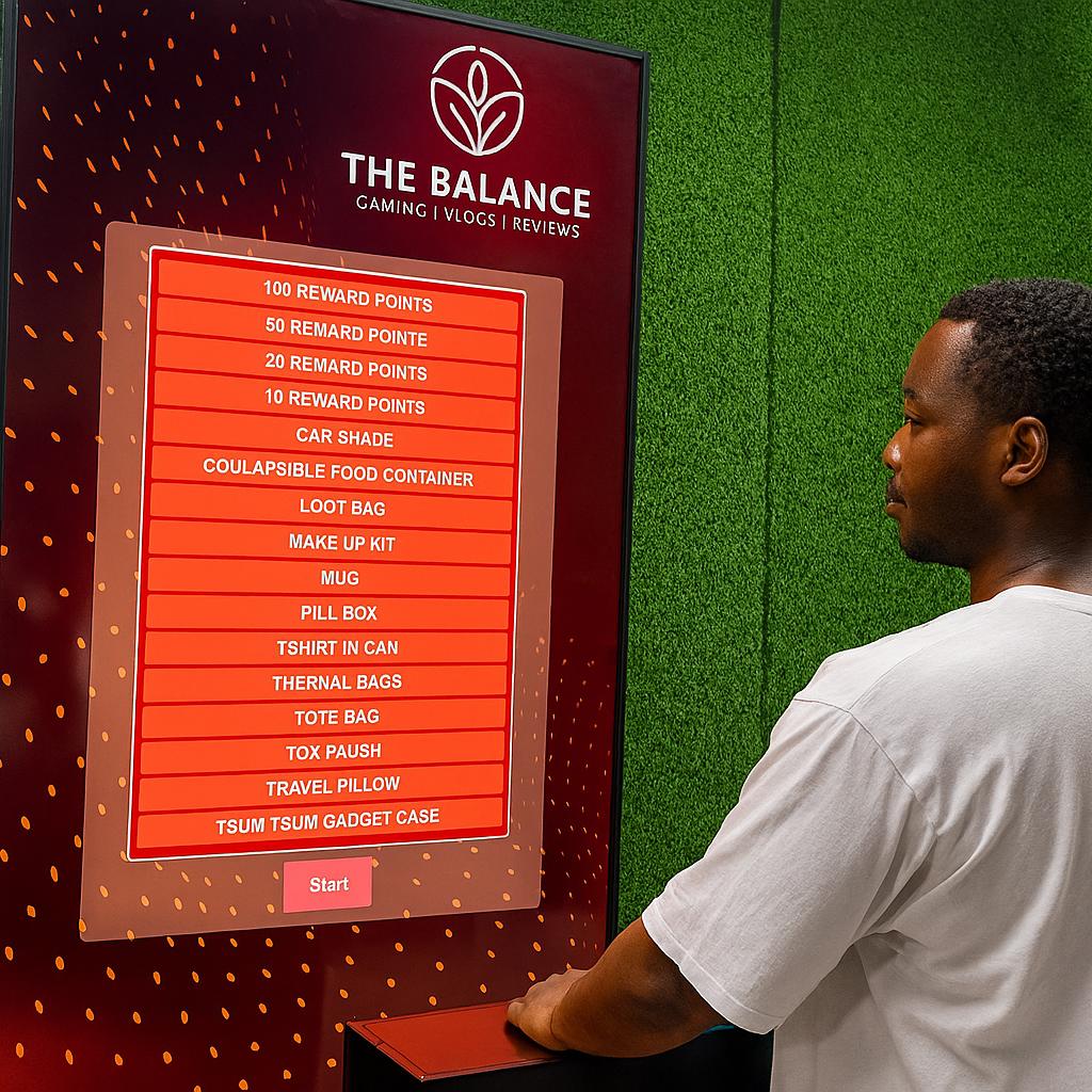 Guest playing interactive event game at exhibition booth in Dubai, pressing button to win prize, with branded screen display and selfie sharing feature for engagement.